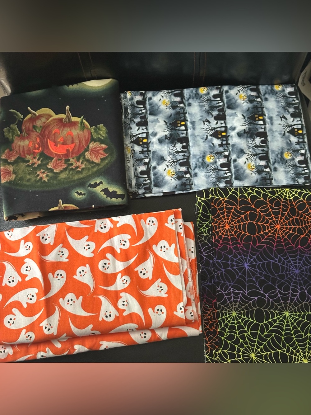 5 - Pieces Of Halloween Fabrics, Pumpkins, Ghosts Spider Web Creepy House